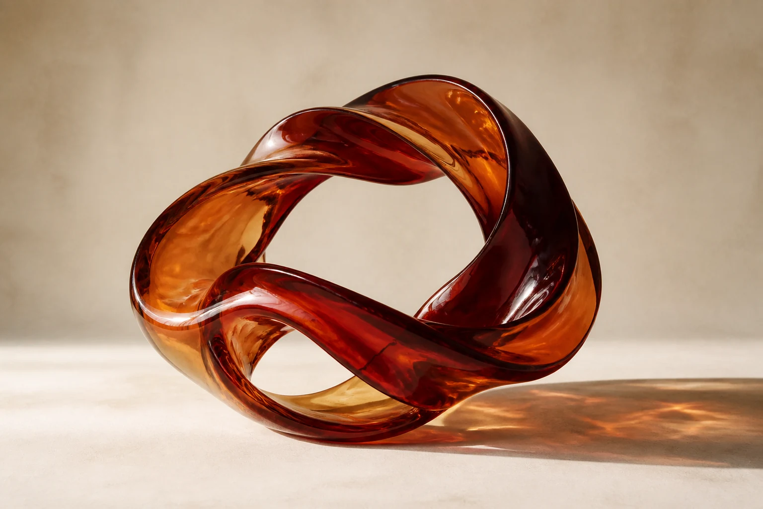Sculptural amber glass ribbon casting warm caustic light