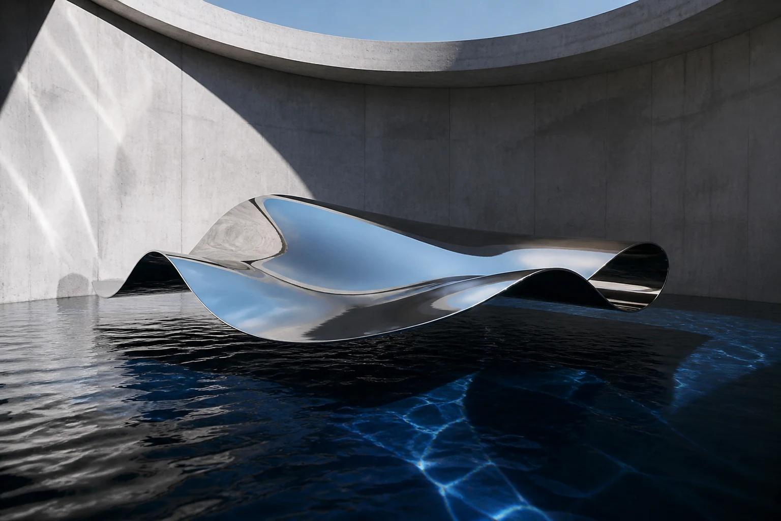 A silver wave suspended over cobalt water in a concrete chamber